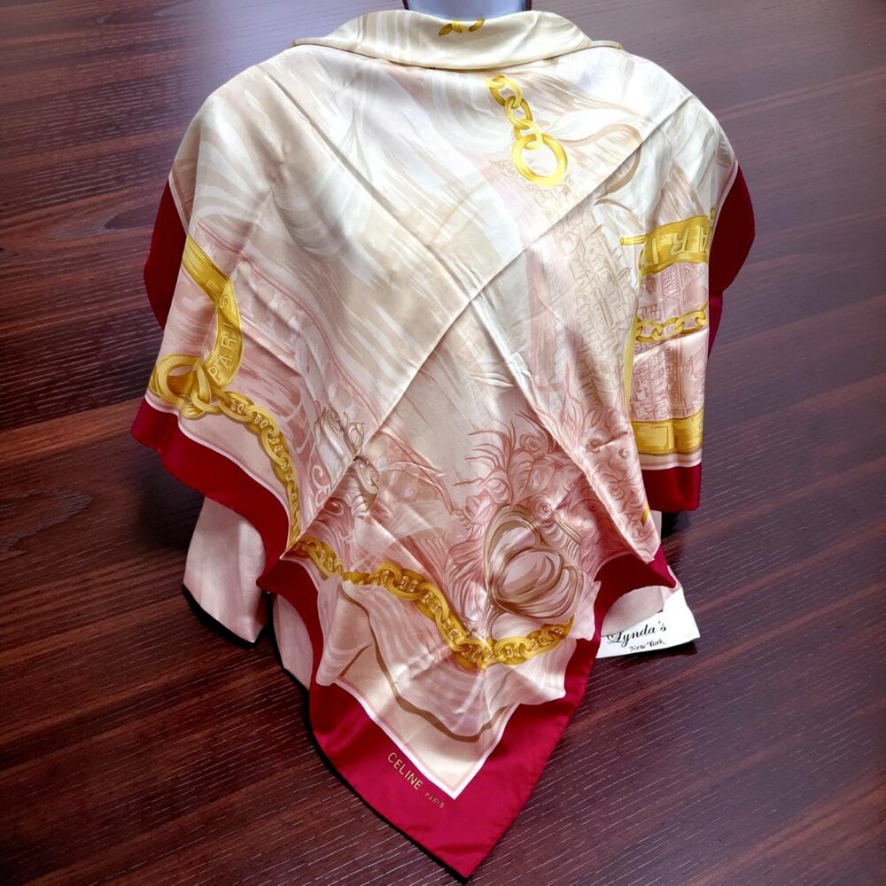 Vintage Celine Paris 100% Silk Scarf Satin 34" Red beich peach pink gold  (35)